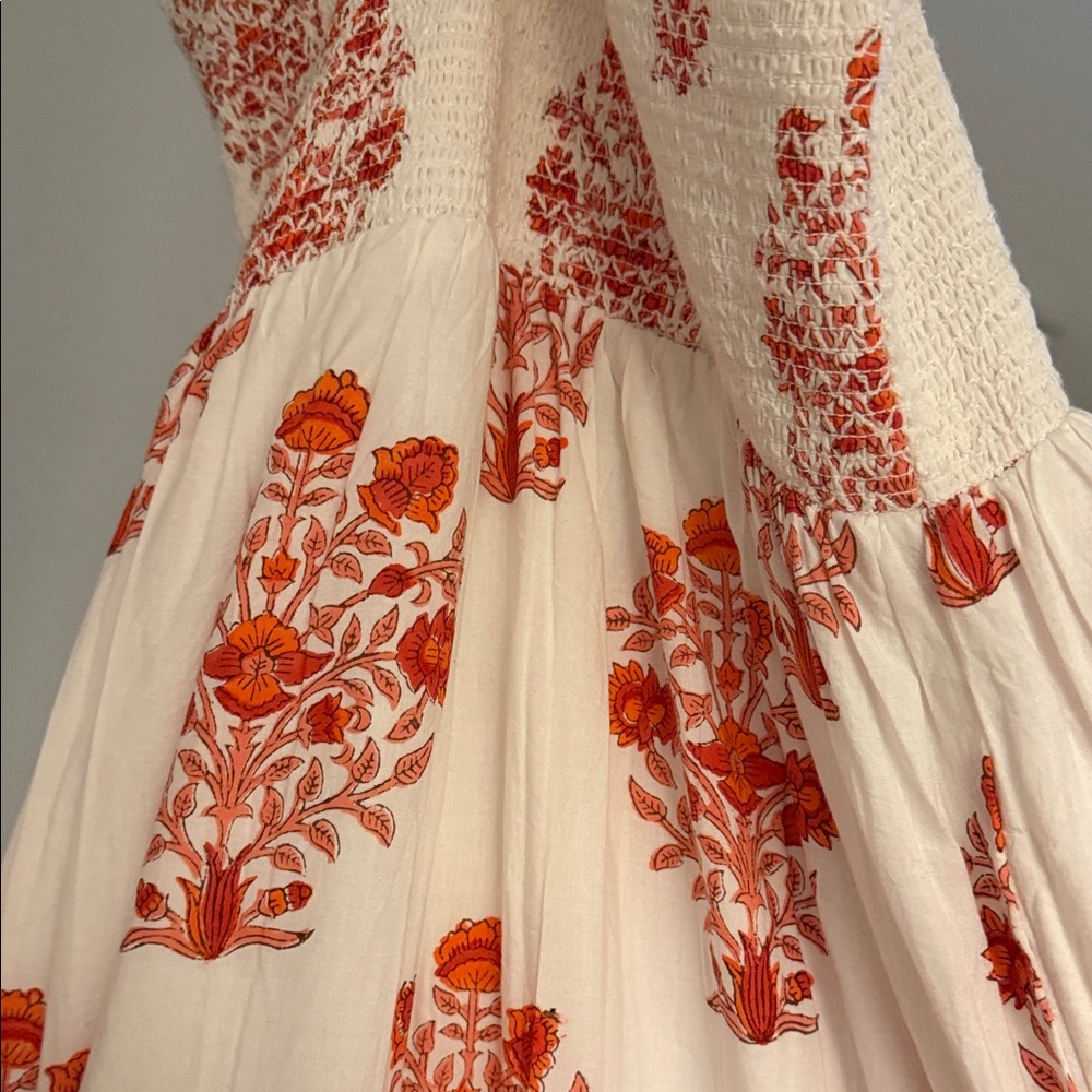 Smocked Square-Neck White Maxi Dress with Blue Floral Print - Picture 9 of 10